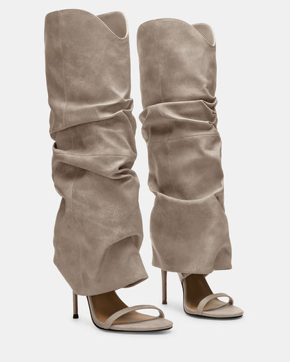 RAVINE Grey Distressed Women's Knee-High Cuffed Stiletto Heel Boot | Steve Madden Top Pick