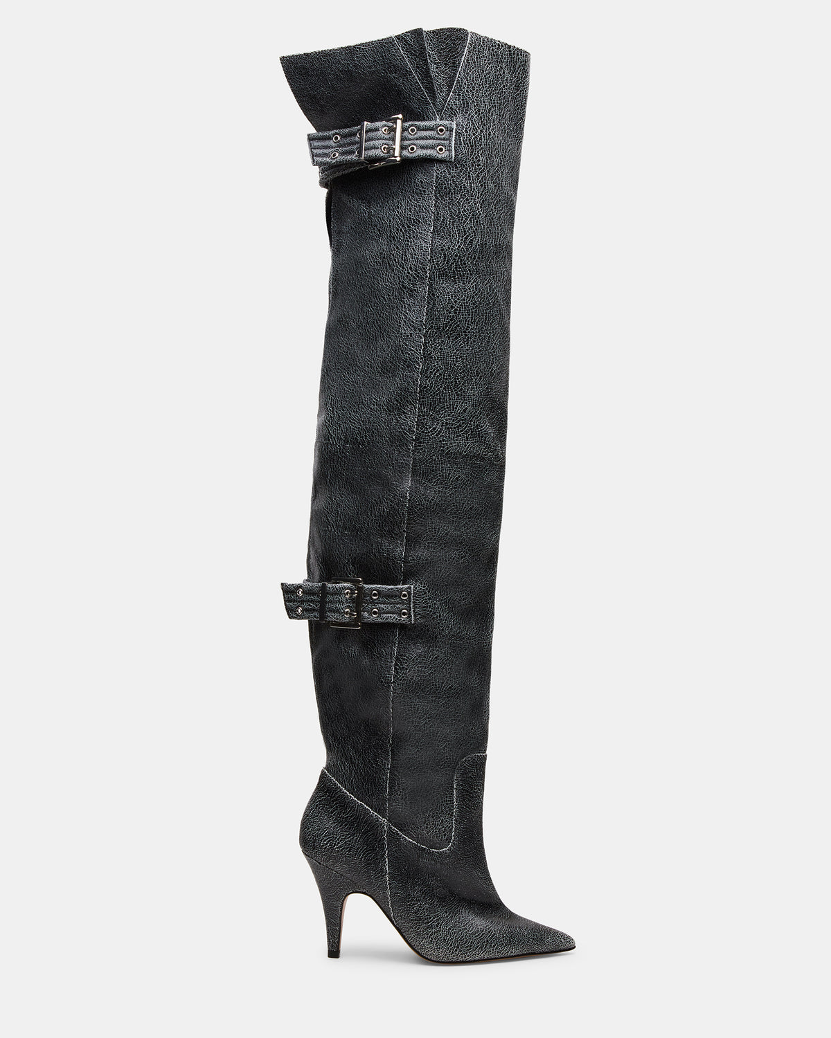 BADDIE Black Distressed Over-The-Knee Moto Women's Boot | Steve Madden Great Value