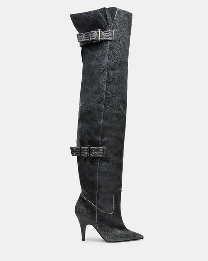 BADDIE Black Distressed Over-The-Knee Moto Women's Boot | Steve Madden Great Value