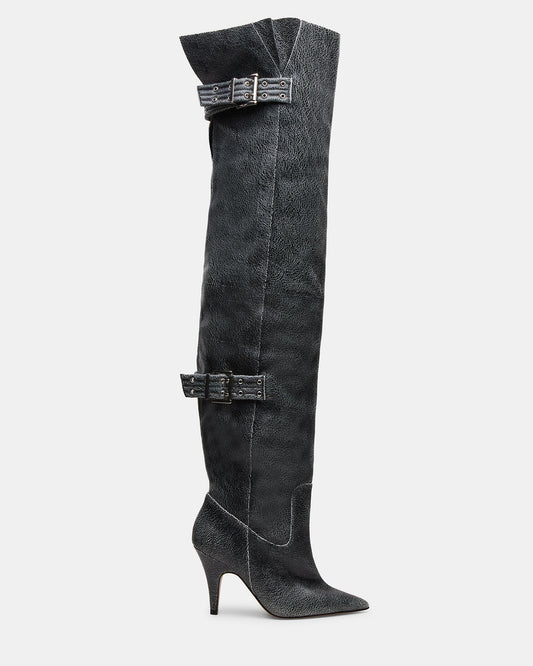 BADDIE Black Distressed Over-The-Knee Moto Women's Boot | Steve Madden Great Value