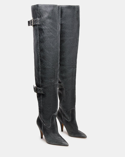BADDIE Black Distressed Over-The-Knee Moto Women's Boot | Steve Madden Great Value