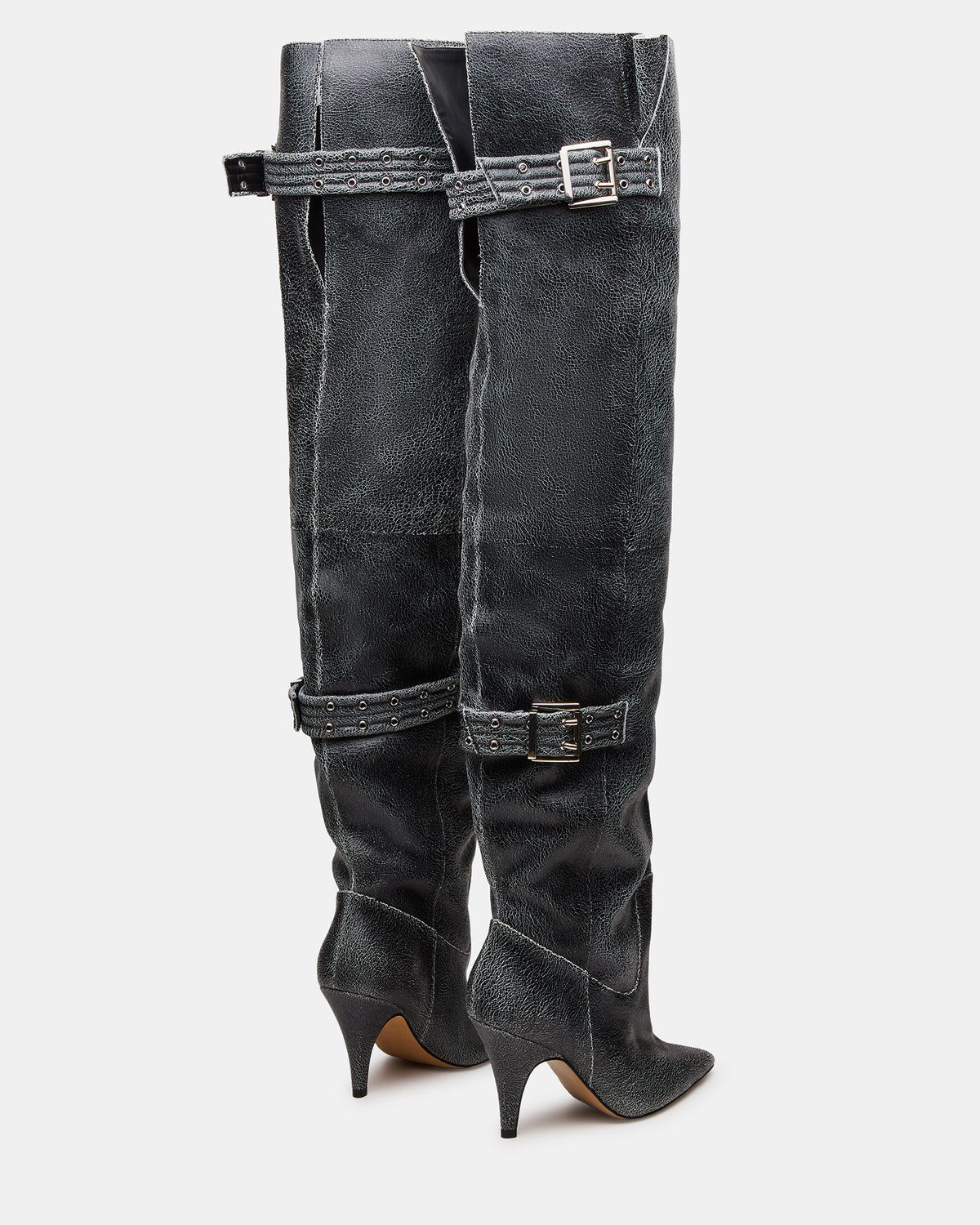 BADDIE Black Distressed Over-The-Knee Moto Women's Boot | Steve Madden Great Value