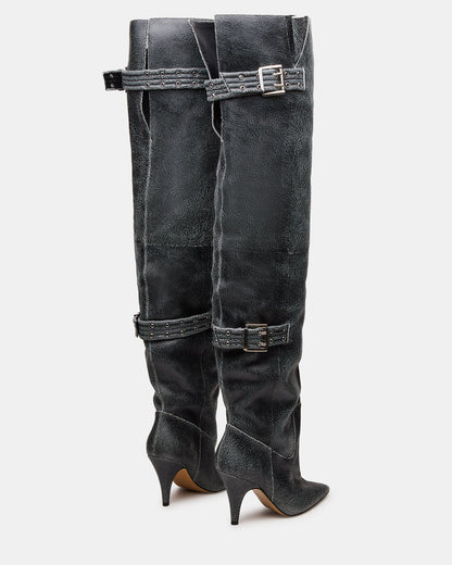 BADDIE Black Distressed Over-The-Knee Moto Women's Boot | Steve Madden Great Value