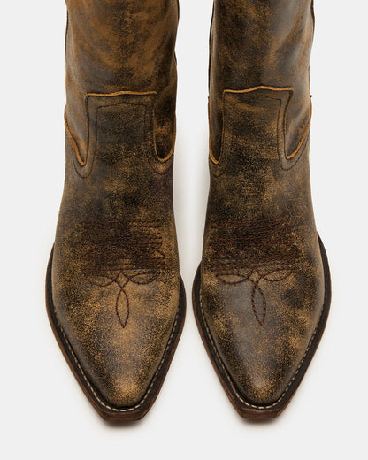 ALBANY Brown Distressed Pointed-Toe Women's Western Boot | Steve Madden Classic