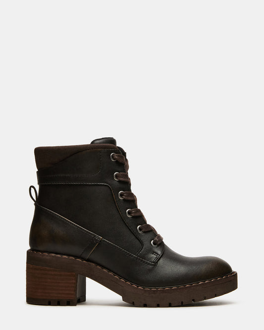 TUFF Dark Brown Lace-Up Block Heel Women's Ankle Boot | Steve Madden Essential