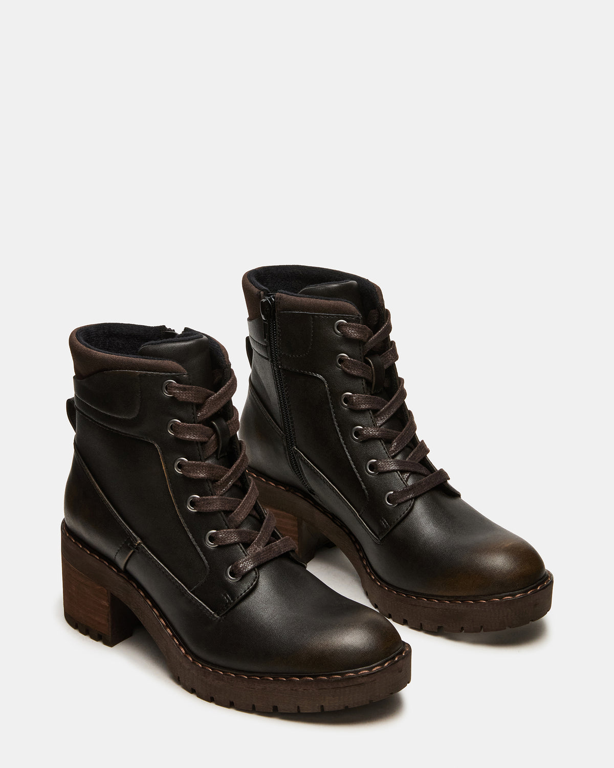 TUFF Dark Brown Lace-Up Block Heel Women's Ankle Boot | Steve Madden Essential
