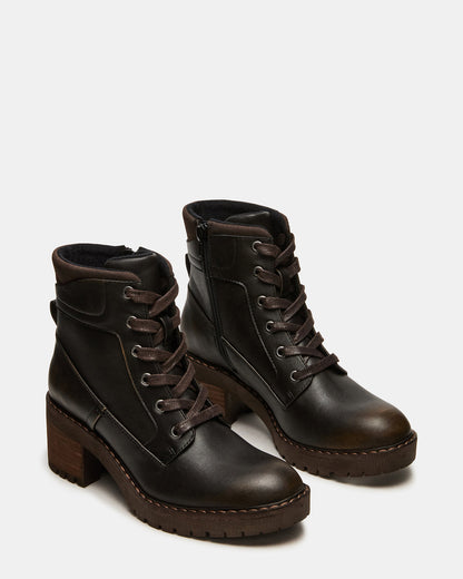 TUFF Dark Brown Lace-Up Block Heel Women's Ankle Boot | Steve Madden Essential