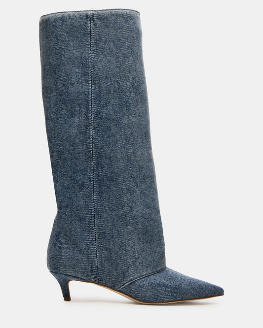 LUCA Denim Fabric Pointed-Toe Cuffed Kitten Heel Women's Boot | Steve Madden Sale