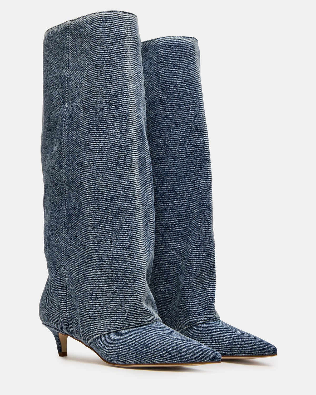 LUCA Denim Fabric Pointed-Toe Cuffed Kitten Heel Women's Boot | Steve Madden Sale