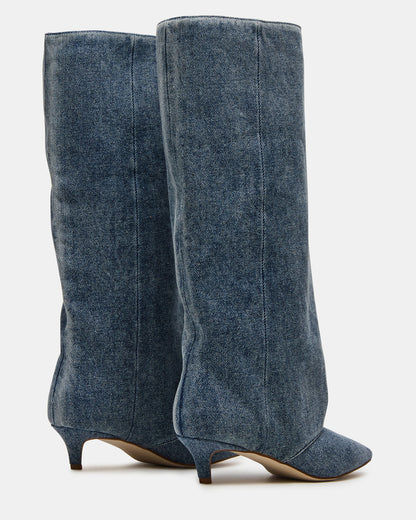 LUCA Denim Fabric Pointed-Toe Cuffed Kitten Heel Women's Boot | Steve Madden Sale