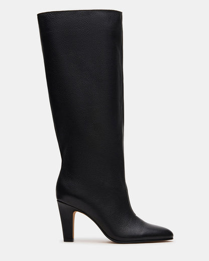 RIZK Black Leather Knee-High Rounded Toe Heeled Women's Boot | Steve Madden Signature