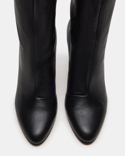 RIZK Black Leather Knee-High Rounded Toe Heeled Women's Boot | Steve Madden Signature