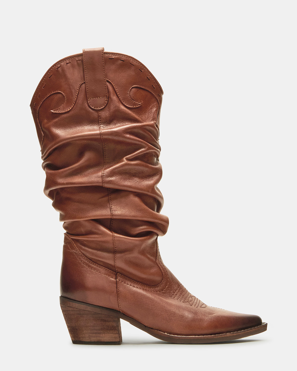 STAGE Cognac Leather Pointed-Toe Scrunched Western Women's Boot | Steve Madden Smart Buy