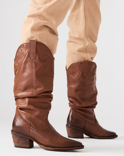 STAGE Cognac Leather Pointed-Toe Scrunched Western Women's Boot | Steve Madden Smart Buy