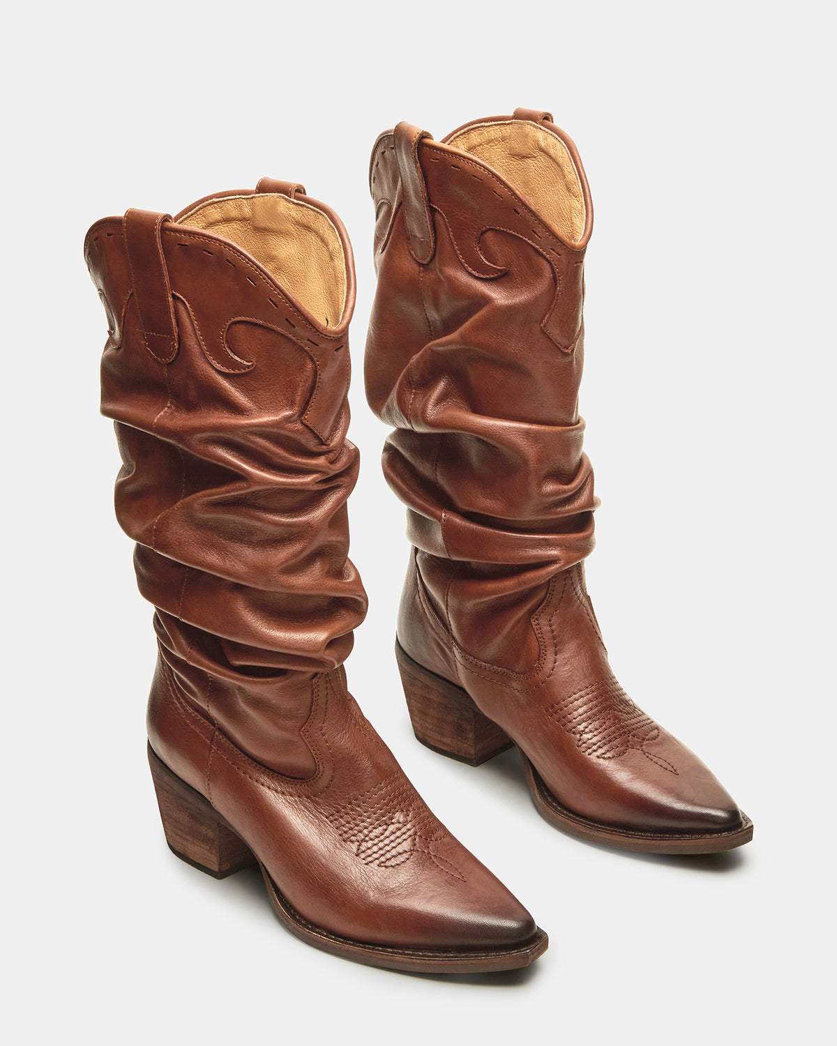 STAGE Cognac Leather Pointed-Toe Scrunched Western Women's Boot | Steve Madden Smart Buy