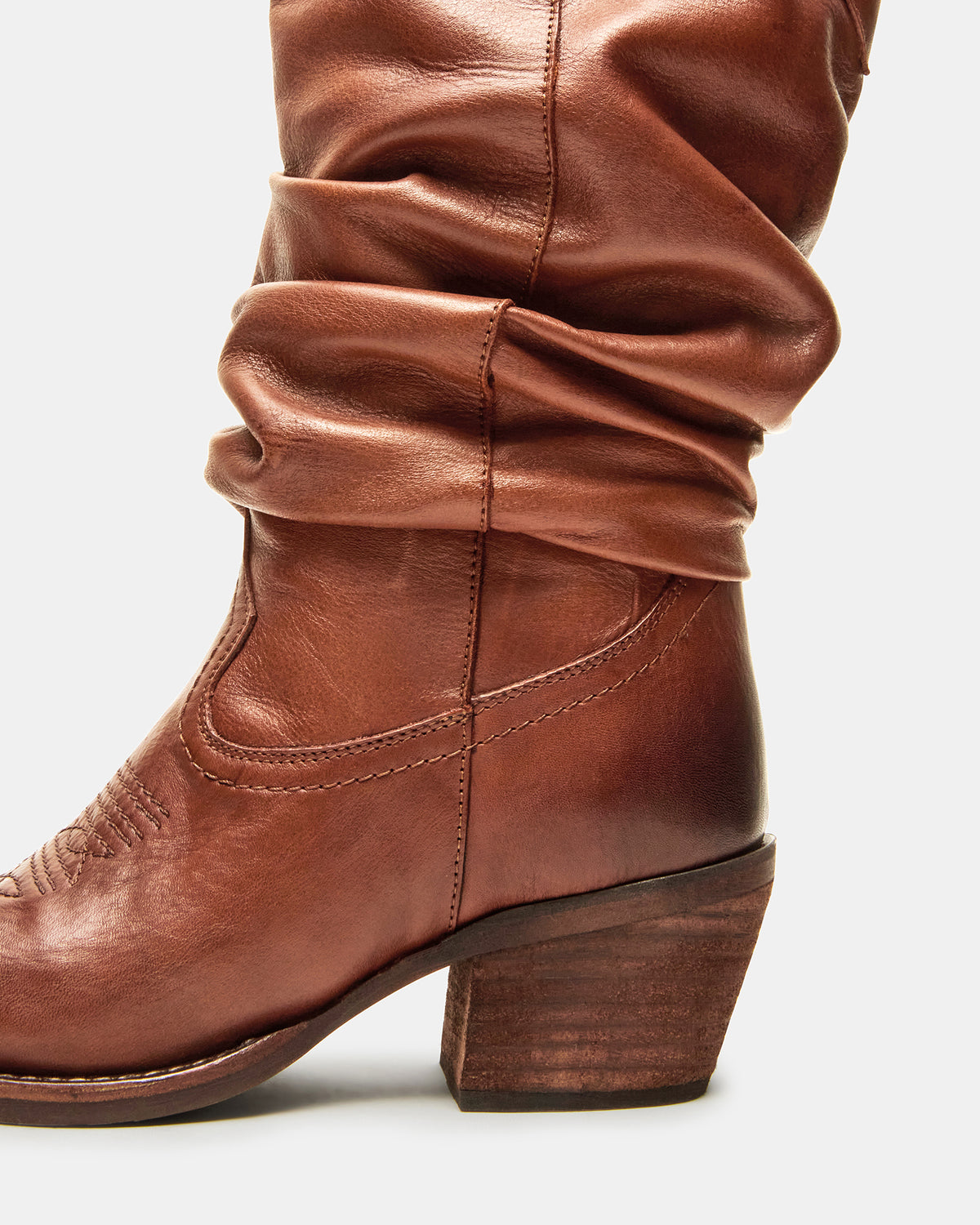 STAGE Cognac Leather Pointed-Toe Scrunched Western Women's Boot | Steve Madden Smart Buy