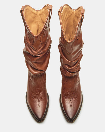 STAGE Cognac Leather Pointed-Toe Scrunched Western Women's Boot | Steve Madden Smart Buy