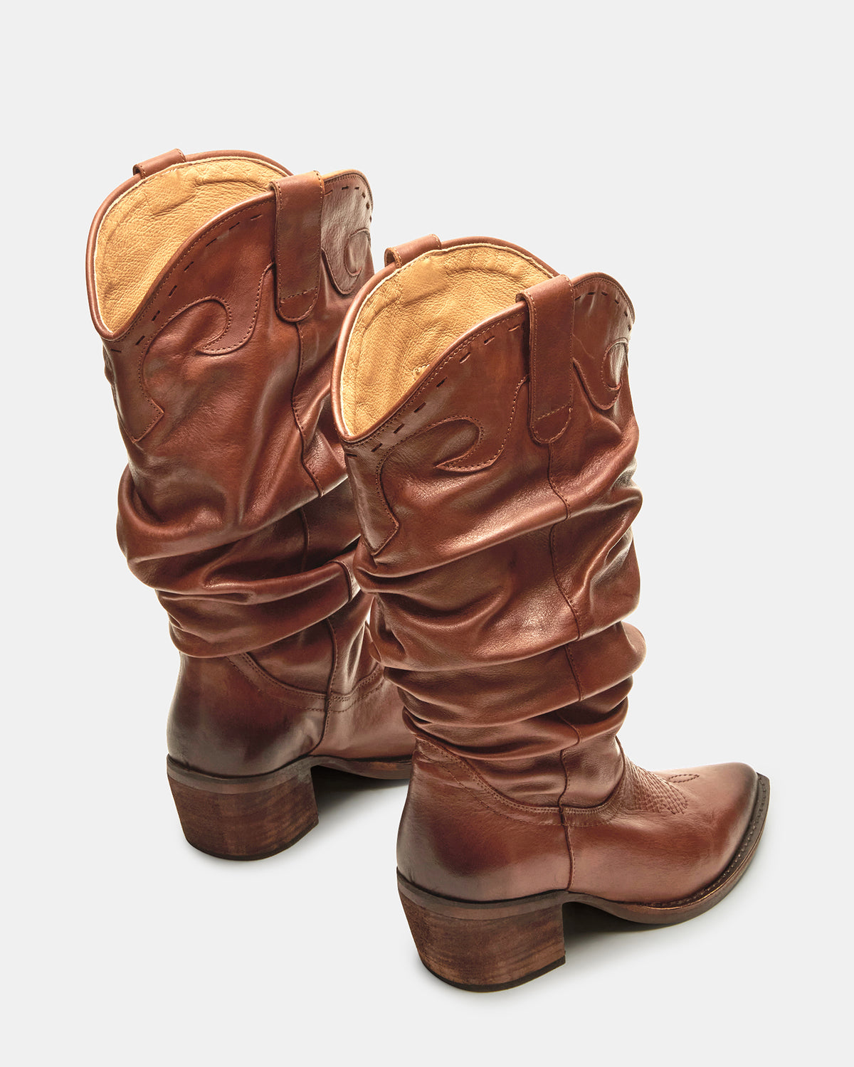 STAGE Cognac Leather Pointed-Toe Scrunched Western Women's Boot | Steve Madden Smart Buy