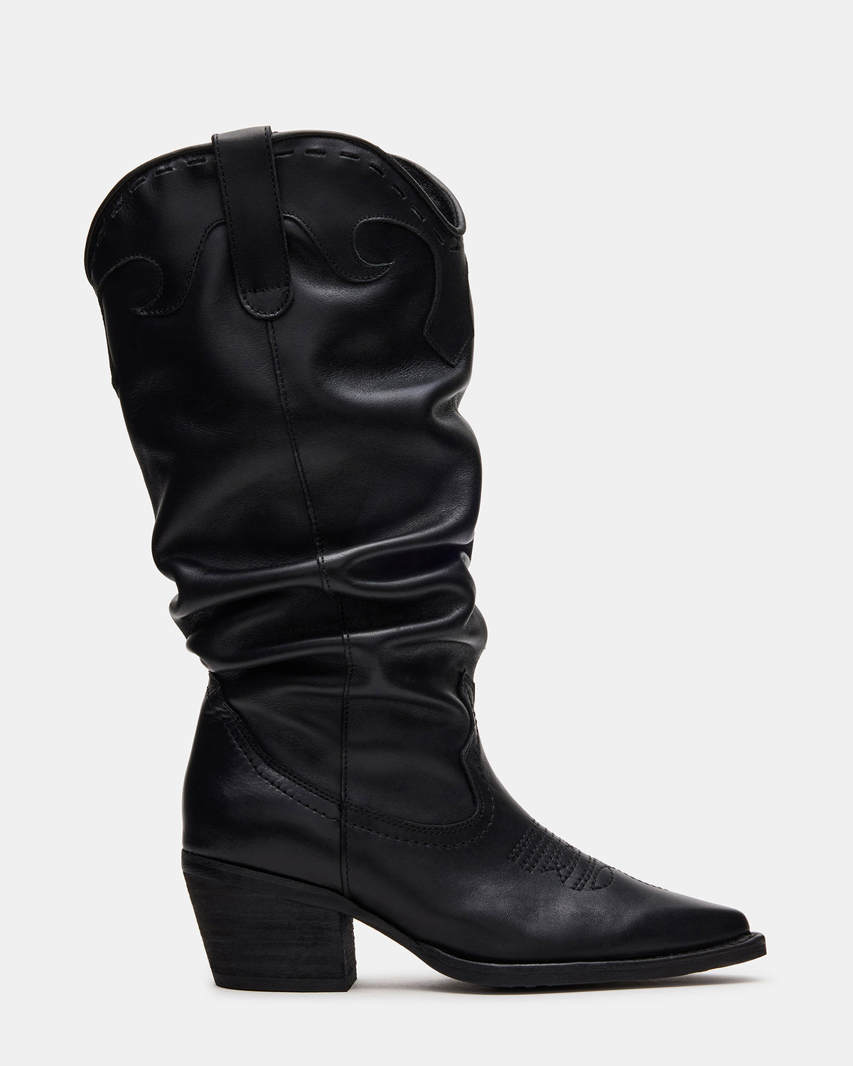 STAGE Black Leather Pointed-Toe Scrunched Western Women's Boot | Steve Madden Signature