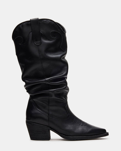 STAGE Black Leather Pointed-Toe Scrunched Western Women's Boot | Steve Madden Signature