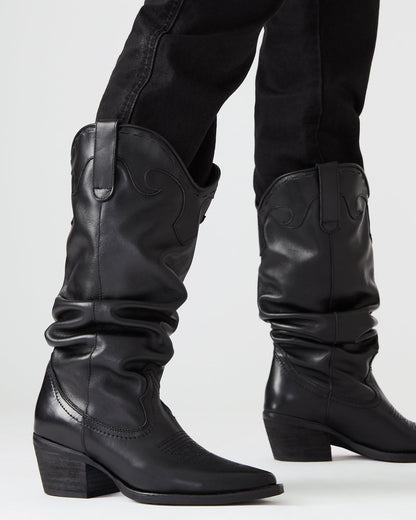 STAGE Black Leather Pointed-Toe Scrunched Western Women's Boot | Steve Madden Signature