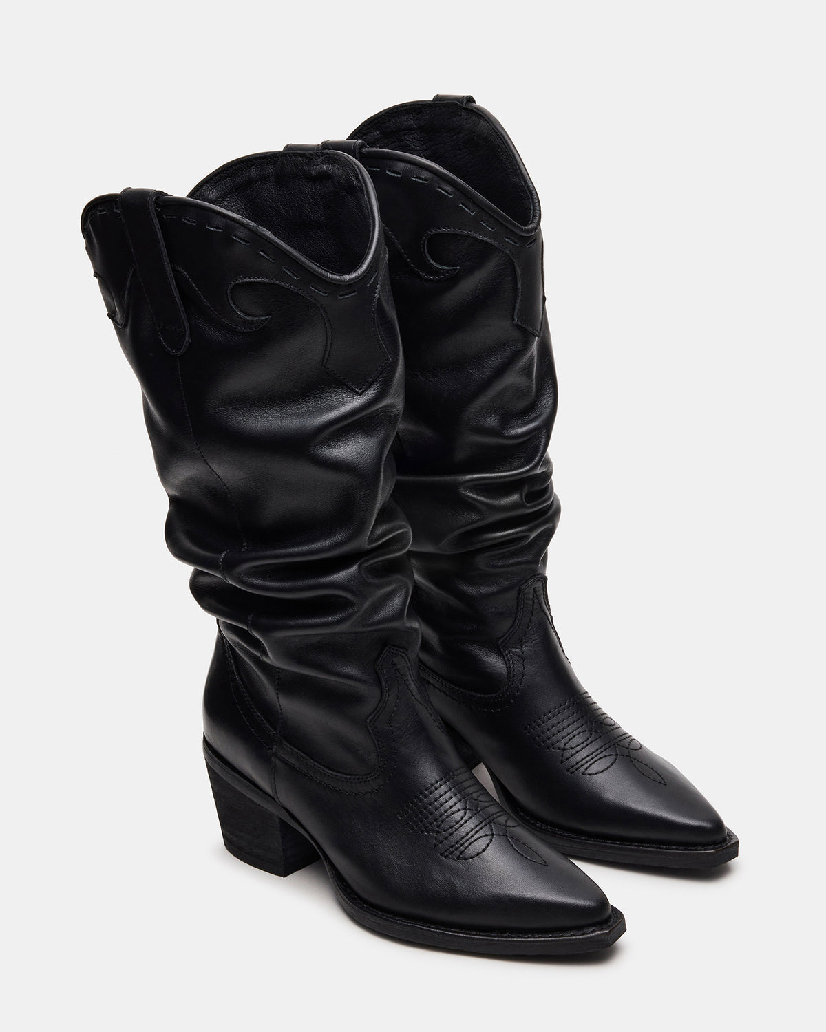 STAGE Black Leather Pointed-Toe Scrunched Western Women's Boot | Steve Madden Signature