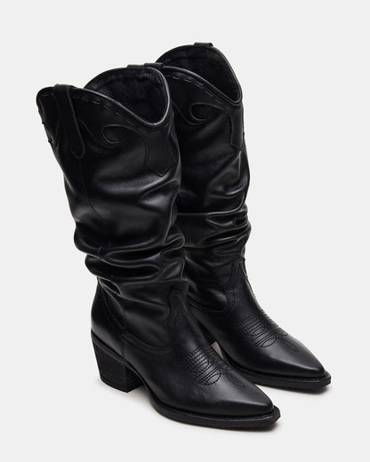 STAGE Black Leather Pointed-Toe Scrunched Western Women's Boot | Steve Madden Signature