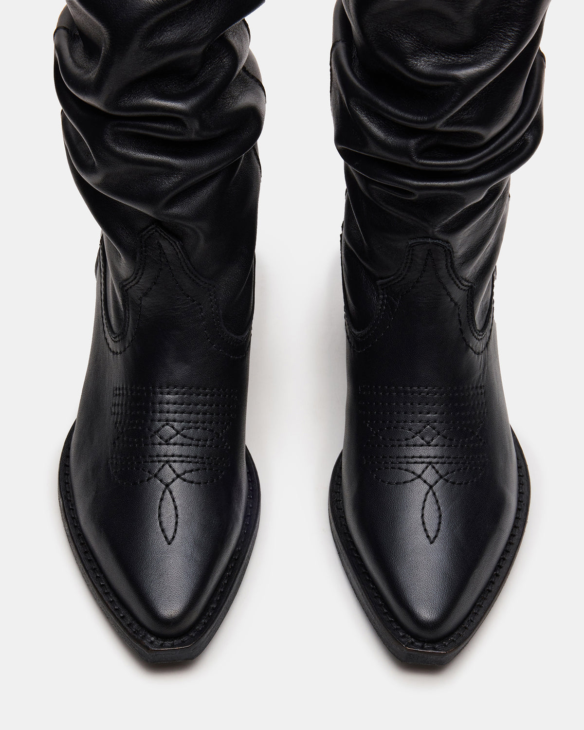 STAGE Black Leather Pointed-Toe Scrunched Western Women's Boot | Steve Madden Signature