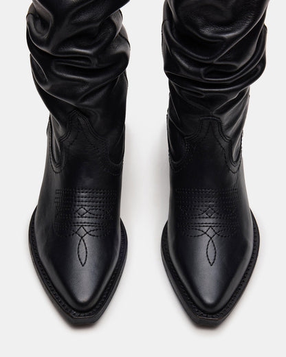 STAGE Black Leather Pointed-Toe Scrunched Western Women's Boot | Steve Madden Signature
