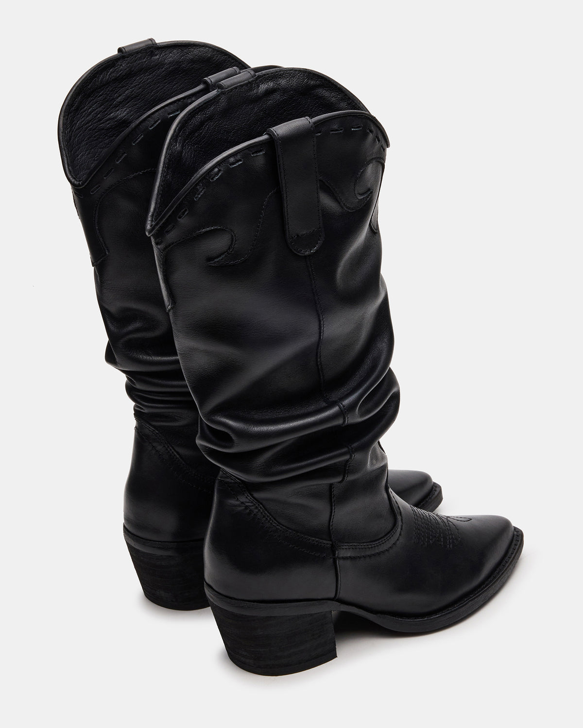 STAGE Black Leather Pointed-Toe Scrunched Western Women's Boot | Steve Madden Signature