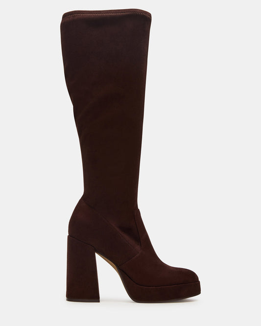 TWAIN Brown Wide Calf Knee-High Block Heel Women's Boot | Steve Madden Essential