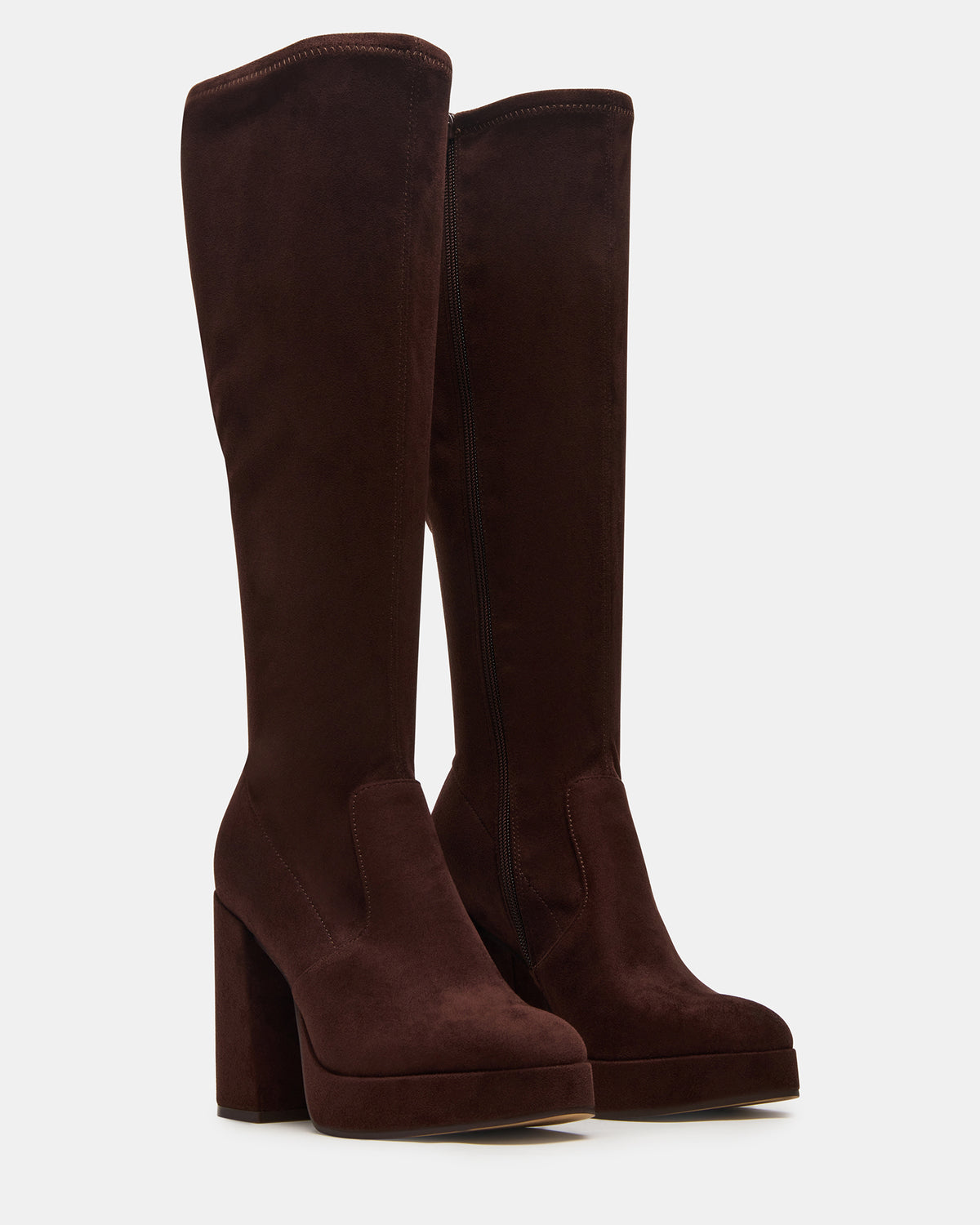 TWAIN Brown Wide Calf Knee-High Block Heel Women's Boot | Steve Madden Essential
