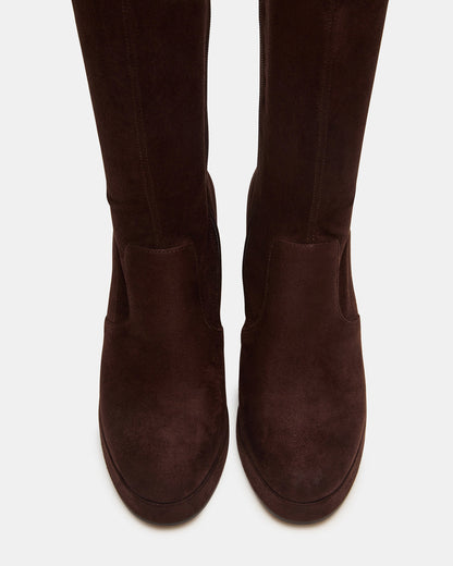 TWAIN Brown Wide Calf Knee-High Block Heel Women's Boot | Steve Madden Essential