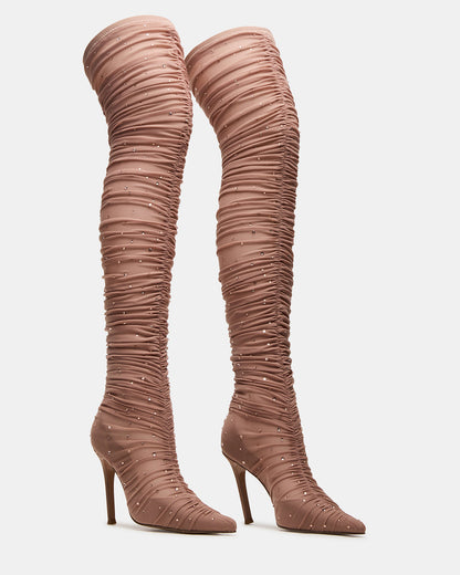 RASHIDA Blush Mesh Over-The-Knee Pointed-Toe Rhinestone Stiletto Heel Women's Boot | Steve Madden Discount