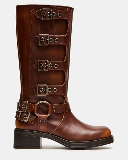 ROCKY Cognac Distressed Knee-High Moto Women's Boot | Steve Madden Exclusive