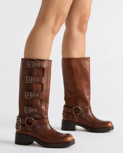 ROCKY Cognac Distressed Knee-High Moto Women's Boot | Steve Madden Exclusive