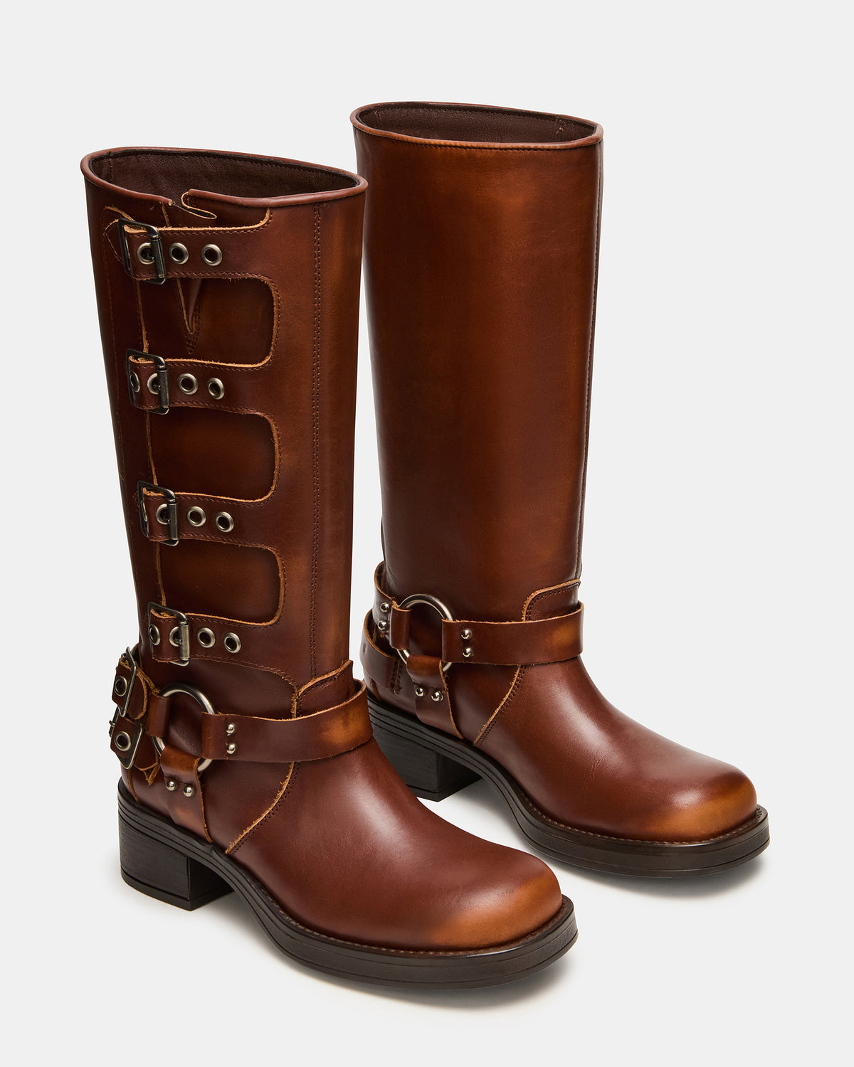 ROCKY Cognac Distressed Knee-High Moto Women's Boot | Steve Madden Exclusive