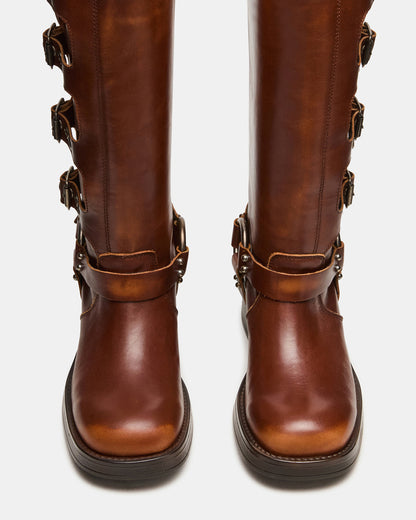 ROCKY Cognac Distressed Knee-High Moto Women's Boot | Steve Madden Exclusive