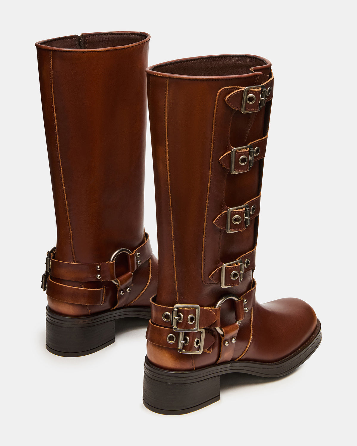 ROCKY Cognac Distressed Knee-High Moto Women's Boot | Steve Madden Exclusive
