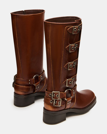 ROCKY Cognac Distressed Knee-High Moto Women's Boot | Steve Madden Exclusive