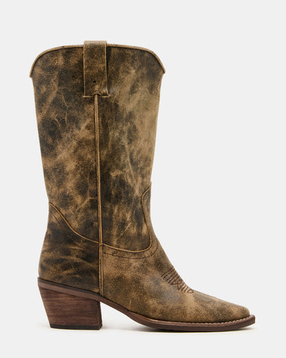 ALBANY Brown Distressed Wide Calf Pointed-Toe Women's Western Boot | Steve Madden Latest
