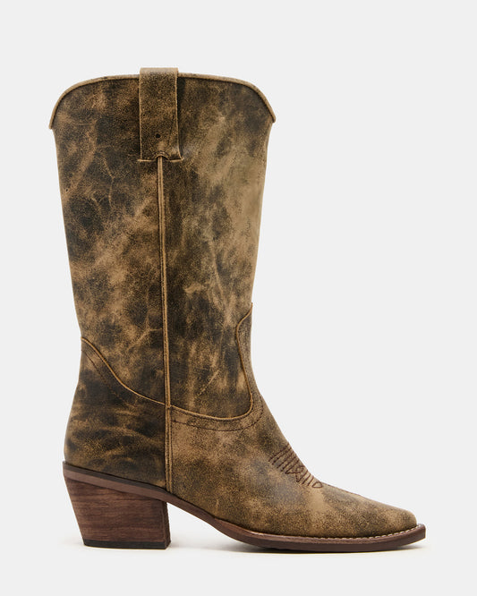 ALBANY Brown Distressed Wide Calf Pointed-Toe Women's Western Boot | Steve Madden Latest