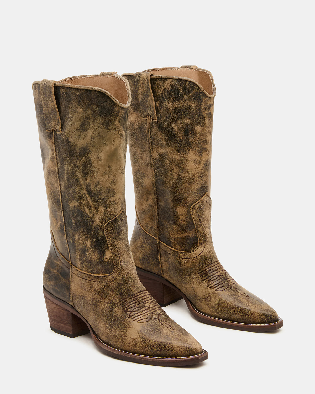 ALBANY Brown Distressed Wide Calf Pointed-Toe Women's Western Boot | Steve Madden Latest