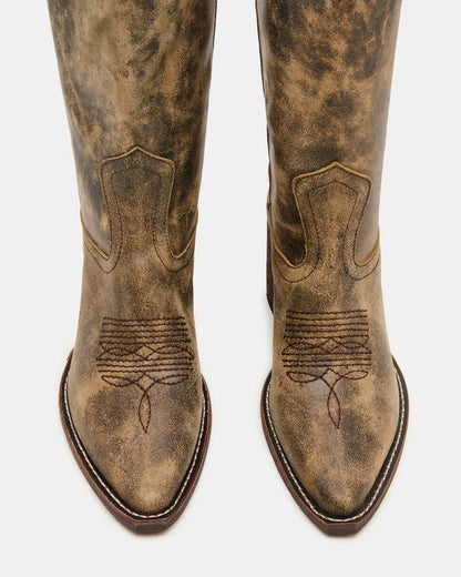 ALBANY Brown Distressed Wide Calf Pointed-Toe Women's Western Boot | Steve Madden Latest
