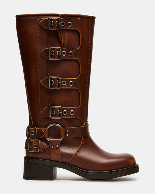 ROCKY Cognac Distressed Wide Calf Knee-High Moto Women's Boot | Steve Madden Smart Buy