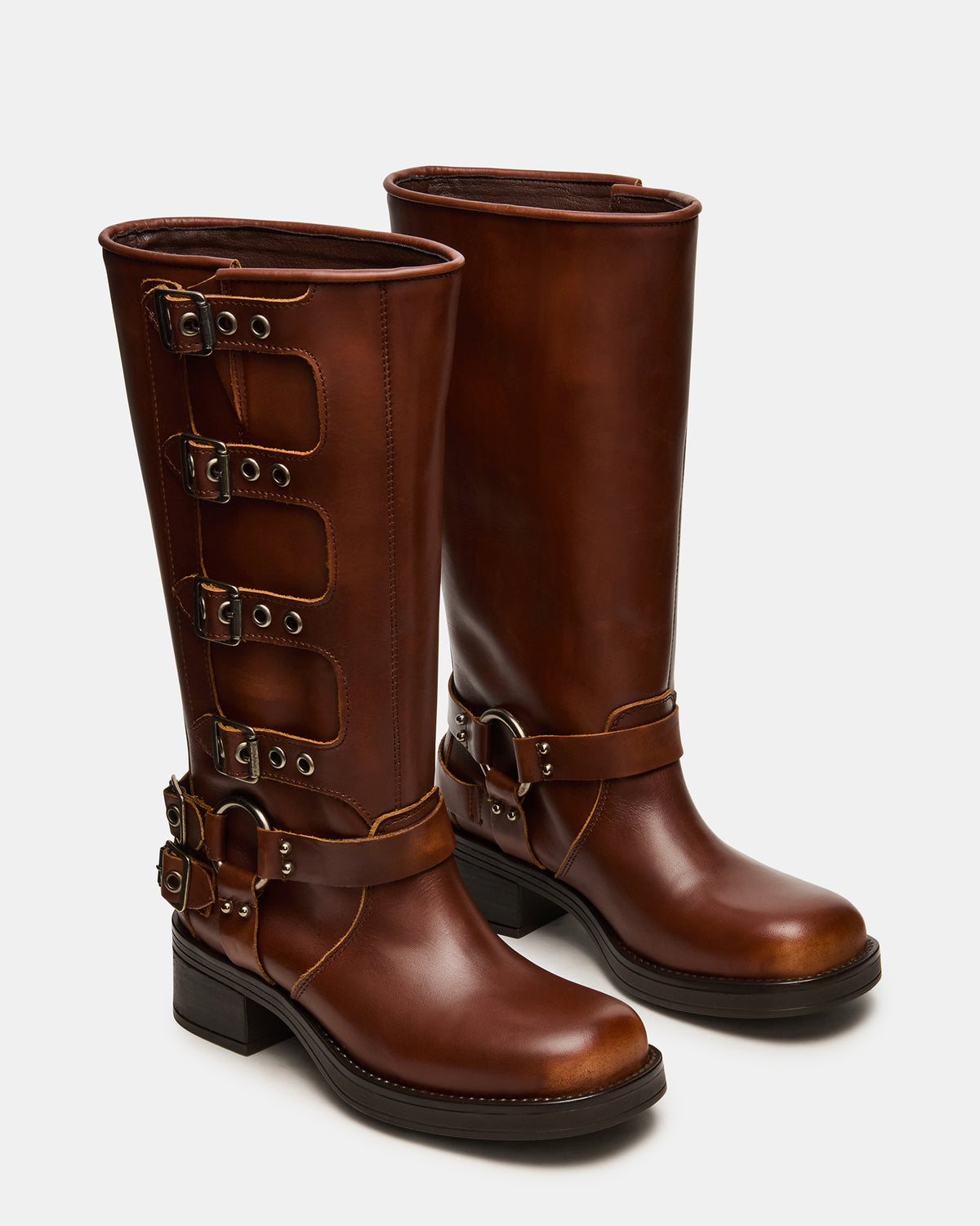 ROCKY Cognac Distressed Wide Calf Knee-High Moto Women's Boot | Steve Madden Smart Buy