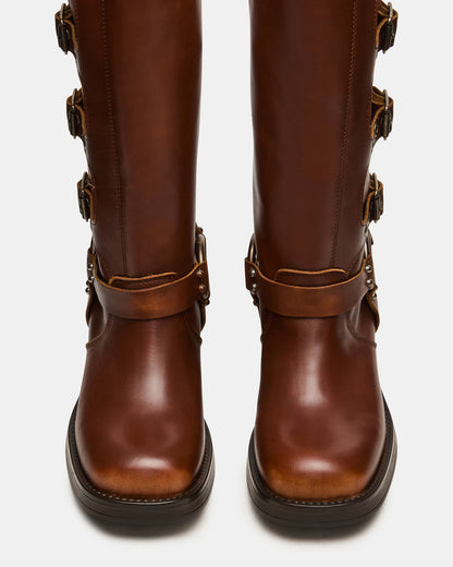 ROCKY Cognac Distressed Wide Calf Knee-High Moto Women's Boot | Steve Madden Smart Buy