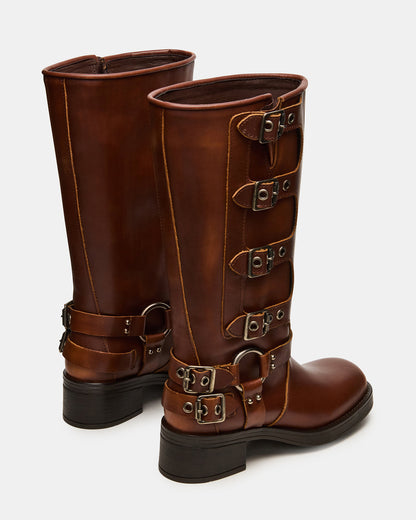 ROCKY Cognac Distressed Wide Calf Knee-High Moto Women's Boot | Steve Madden Smart Buy
