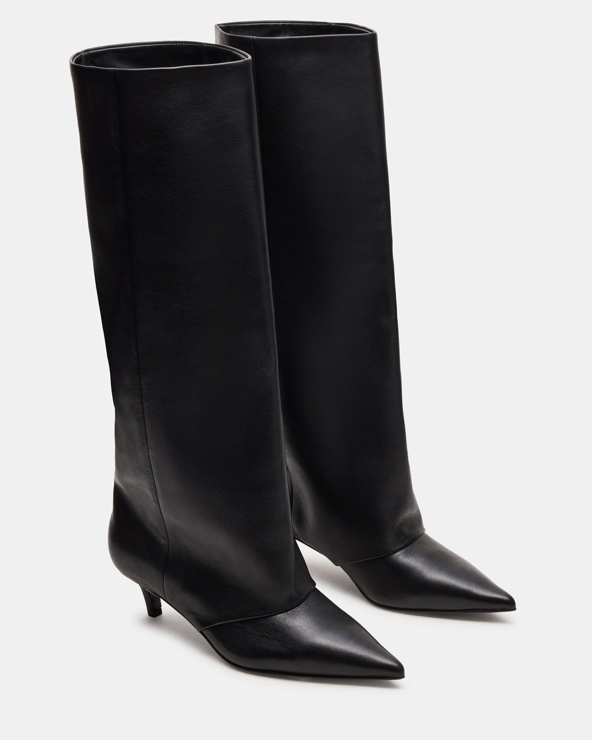 LUCA Black Leather Pointed-Toe Cuffed Kitten Heel Women's Boot | Steve Madden Everyday