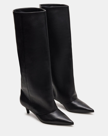 LUCA Black Leather Pointed-Toe Cuffed Kitten Heel Women's Boot | Steve Madden Everyday